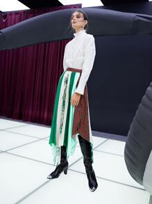 SHEIN Unity Tartan & Tree Print Colourblock Hanky Hem Pleated Skirt - Multicolor - View 7