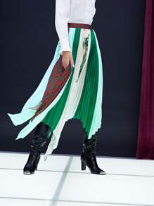 SHEIN Unity Tartan & Tree Print Colourblock Hanky Hem Pleated Skirt - Multicolor - View 9