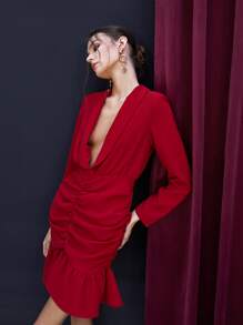 SHEIN Đầm Xù Viên lá sen Dây kéo màu trơn Thanh lịch - Đỏ - Xem 1