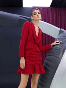 SHEIN Đầm Xù Viên lá sen Dây kéo màu trơn Thanh lịch - Đỏ - Xem 2