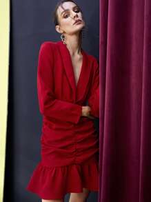 SHEIN Đầm Xù Viên lá sen Dây kéo màu trơn Thanh lịch - Đỏ - Xem 4