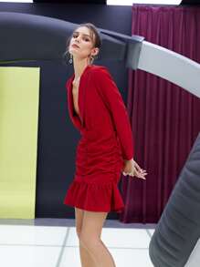 SHEIN Đầm Xù Viên lá sen Dây kéo màu trơn Thanh lịch - Đỏ - Xem 7