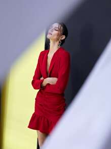 SHEIN Đầm Xù Viên lá sen Dây kéo màu trơn Thanh lịch - Đỏ - Xem 8