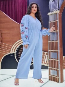 Mulvari Plus Flounce Sleeve Floral Embroidery Wide Leg Jumpsuit