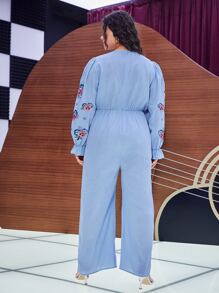 Mulvari Plus Flounce Sleeve Floral Embroidery Wide Leg Jumpsuit