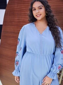 Mulvari Plus Flounce Sleeve Floral Embroidery Wide Leg Jumpsuit
