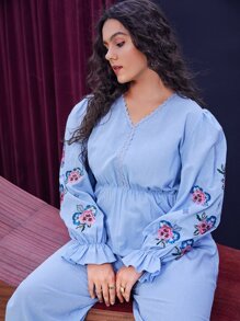Mulvari Plus Flounce Sleeve Floral Embroidery Wide Leg Jumpsuit