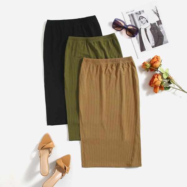 

Solid Side Split Ribbed Skirt, Multicolor