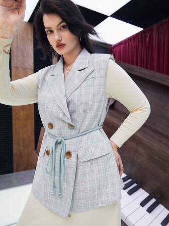 SHEIN Privé 大碼格紋印花雙排釦不附腰帶外套馬甲
