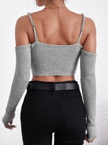 SHEIN Essnce 挖肩鏈條細節條紋針織短款毛衣 - 淺灰色 - 查看 2