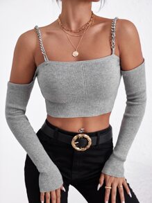 SHEIN Essnce 挖肩鏈條細節條紋針織短款毛衣 - 淺灰色 - 查看 4