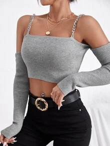 SHEIN Essnce 挖肩鏈條細節條紋針織短款毛衣 - 淺灰色 - 查看 5