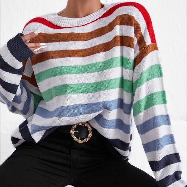 

Drop Shoulder Striped Colorblock Sweater, Multicolor