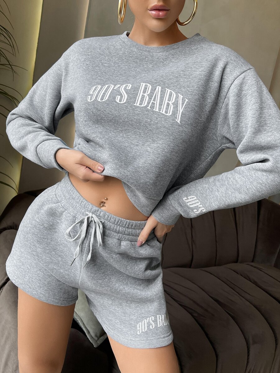Slogan Graphic Crop Sweatshirt - Grey - View 1