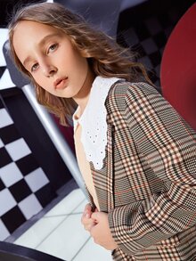 SHEIN 女孩翻領格紋外套