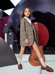 SHEIN 女孩翻領格紋外套