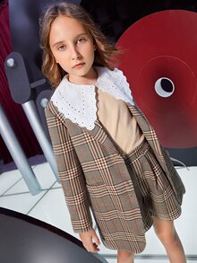 SHEIN 女孩翻領格紋外套