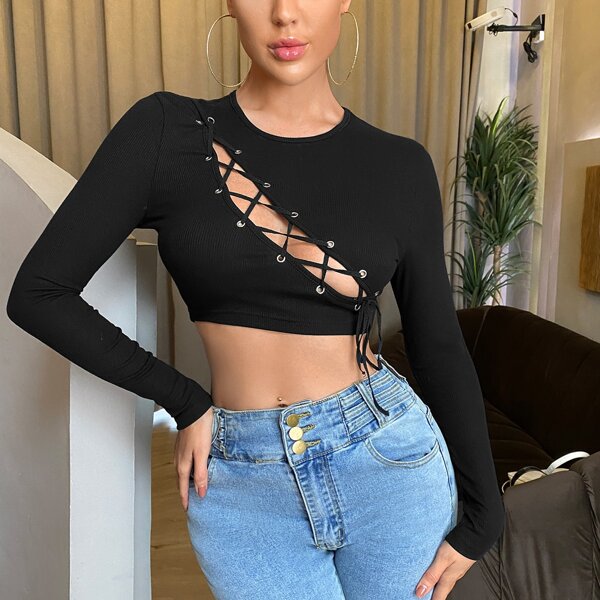 

Lace Up Front Crop Tee, Black