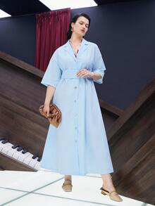 Mulvari Plus Lapel Collar Drop Shoulder Button Through Shirt Dress - Baby Blue - View 4