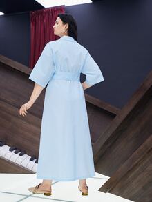 Mulvari Plus Lapel Collar Drop Shoulder Button Through Shirt Dress - Baby Blue - View 2