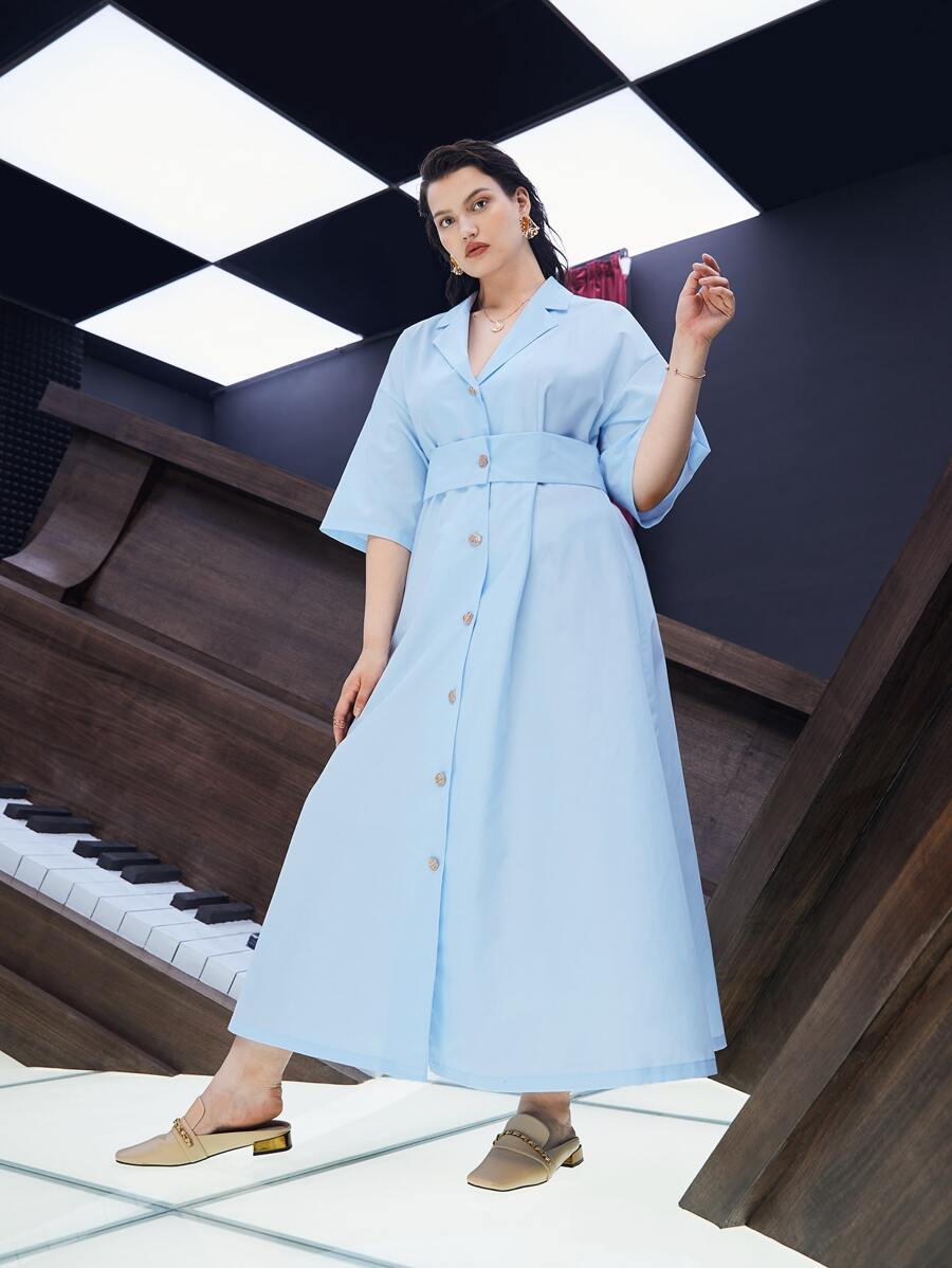 Mulvari Plus Lapel Collar Drop Shoulder Button Through Shirt Dress - Baby Blue - View 1