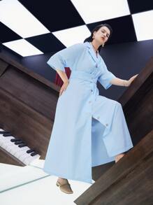 Mulvari Plus Lapel Collar Drop Shoulder Button Through Shirt Dress - Baby Blue - View 3