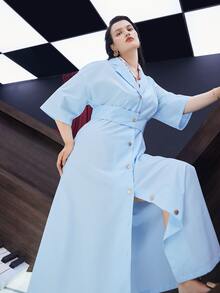 Mulvari Plus Lapel Collar Drop Shoulder Button Through Shirt Dress - Baby Blue - View 5