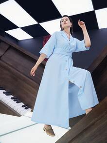 Mulvari Plus Lapel Collar Drop Shoulder Button Through Shirt Dress - Baby Blue - View 6