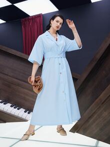 Mulvari Plus Lapel Collar Drop Shoulder Button Through Shirt Dress - Baby Blue - View 7