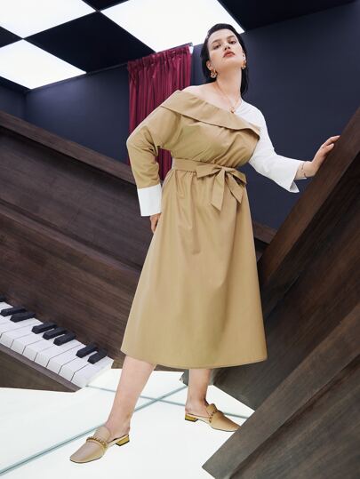 SHEIN Unity Plus Two Tone V Neck Belted Dress