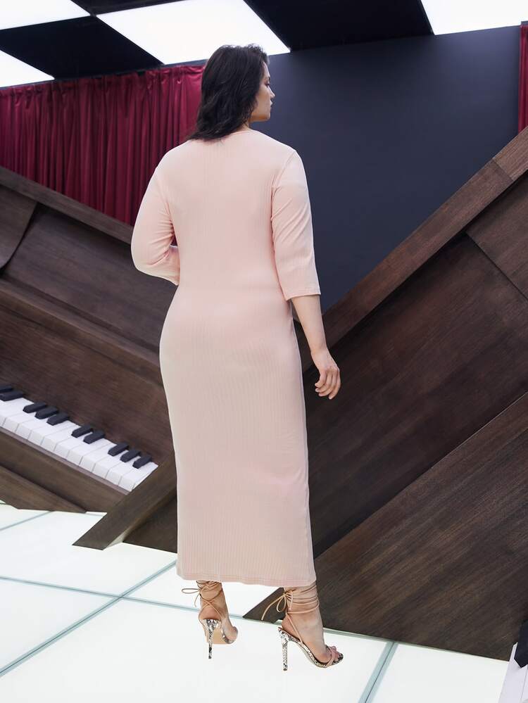 SHEIN Plus V-neck Cut Out Front Fitted Dress - Baby Pink - View 2