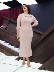 SHEIN Plus V-neck Cut Out Front Fitted Dress - Baby Pink - View 6