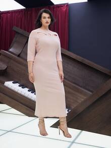 SHEIN Plus V-neck Cut Out Front Fitted Dress - Baby Pink - View 8