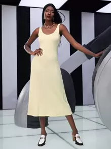 SHEIN Vestido unicolor de cuello scoop con textura - Albaricoque - Ver 2