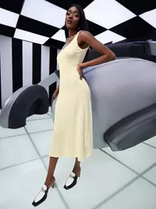 SHEIN Vestido unicolor de cuello scoop con textura - Albaricoque - Ver 6