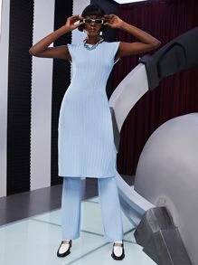 SHEIN Unity sin manga tejido de canalé ajustado Top & Pantalones de pierna ancha - Celeste - Ver 4
