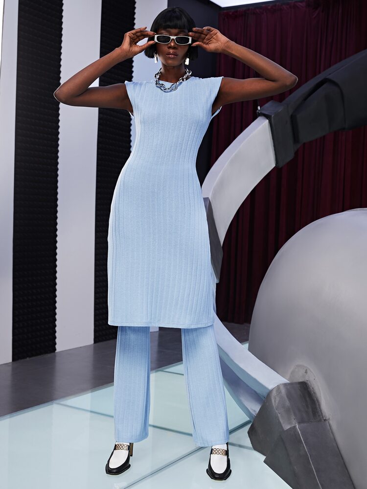 SHEIN Unity Sleeveless Ribbed Knit Fitted Top & Wide Leg Pants - Baby Blue - View 4