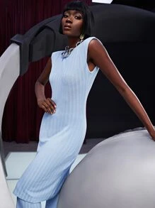 SHEIN Unity sin manga tejido de canalé ajustado Top & Pantalones de pierna ancha - Celeste - Ver 7