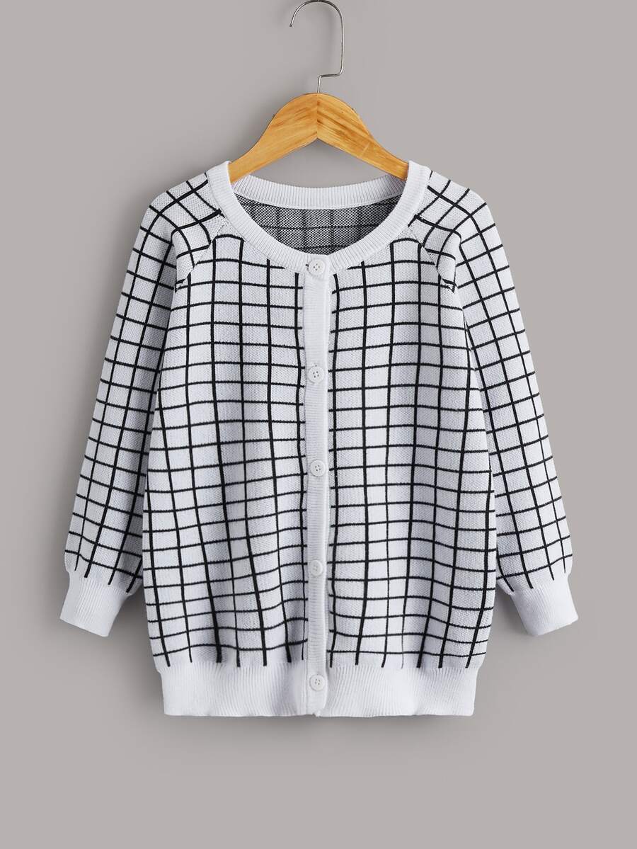 女孩線格圖案插肩袖開襟衫 - 黑與白 - 查看 1