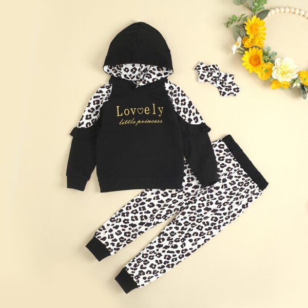 

Toddler Girls Slogan And Leopard Print Ruffle Trim Hoodie & Sweatpants With Headband, Multicolor