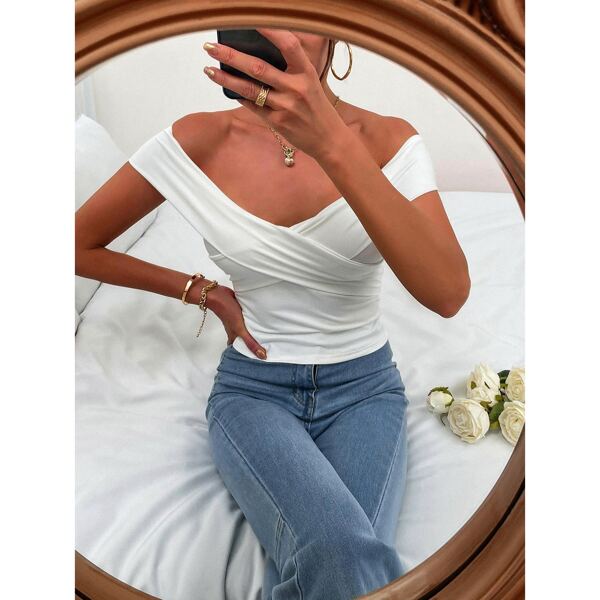 

Off Shoulder Wrap Cross Top, White
