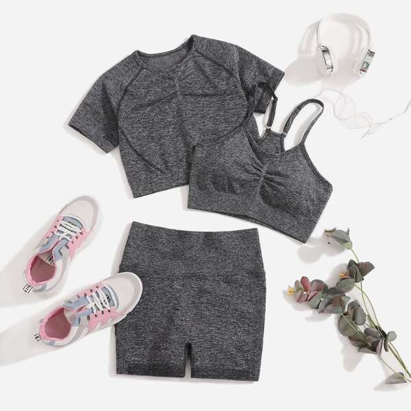

Seamless High Stretch Quick-Drying Ruched Sports Set, Dark grey