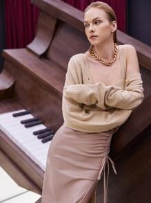 SHEIN Solid Crop Cami Knit Top - Khaki - View 4