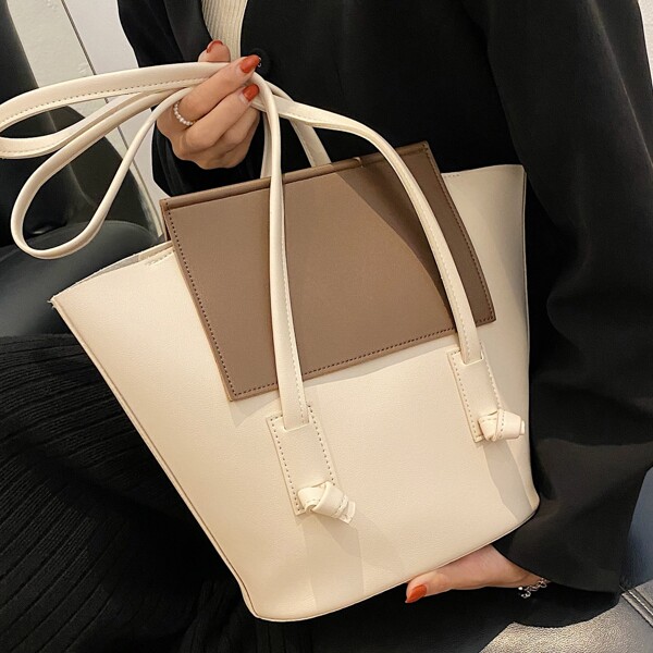 

Two Tone Large Capacity Tote Bag, Beige