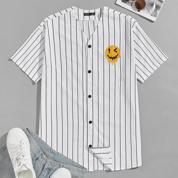 

Men Striped & Cartoon Face Print Shirt, White