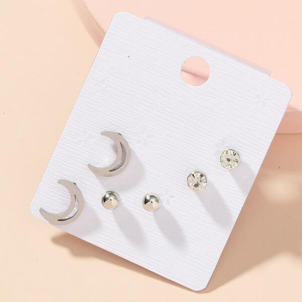 

3pairs Moon Stud Earrings, Silver