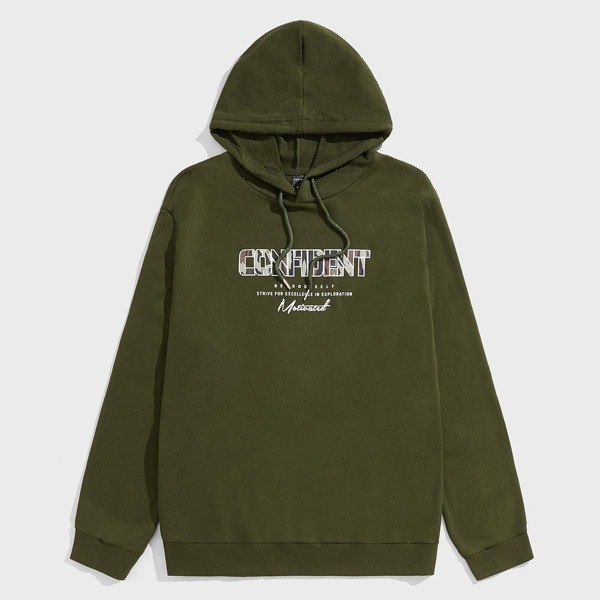 

Men Slogan Graphic Drawstring Hoodie, Army green