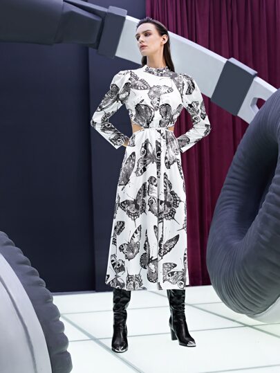 SHEIN Privé Butterfly Print Cut Out Tie Back Puff Sleeve Dress