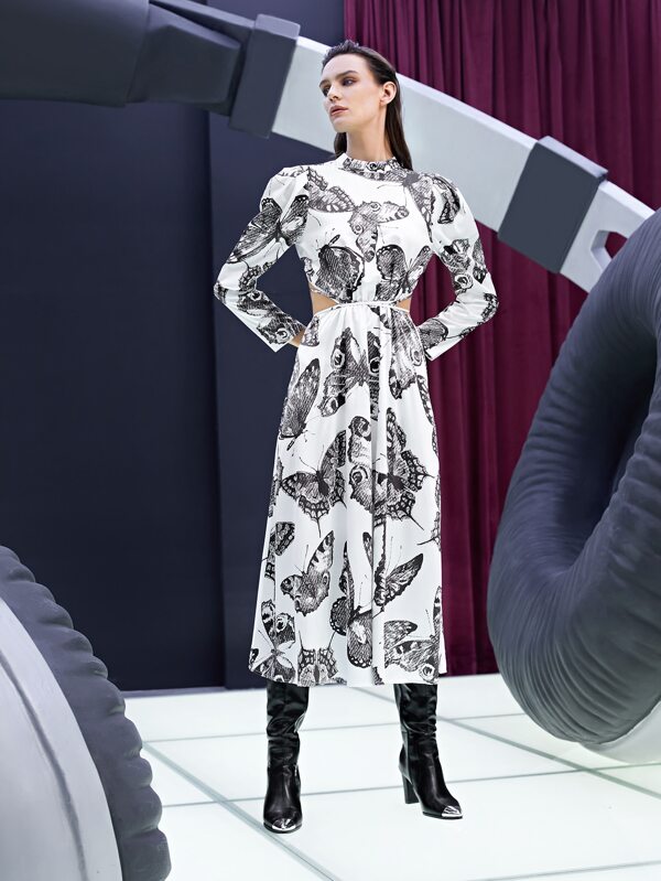 SHEIN Privé Butterfly Print Cut Out Tie Back Puff Sleeve Dress
