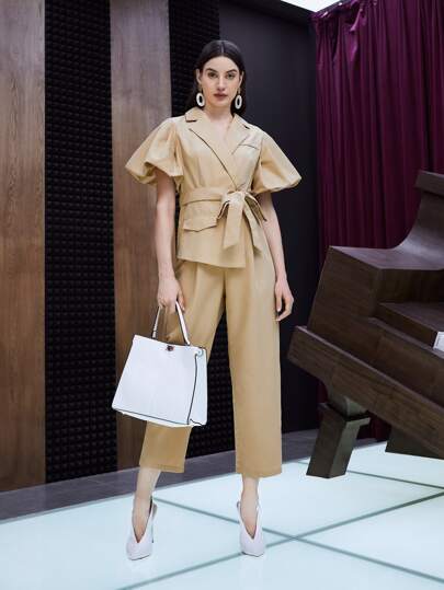 SHEIN Flap Detail Bishop Sleeve Belted Blazer Jumpsuit